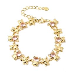 Pink Латунные браслеты-цепочки с микропаве из кубического циркония для женщин, медведь, со стеклом, стойки покрытие, долговечный, реальный 18 k позолоченный, без кадмия и без свинца, розовые, 7.09 дюйм (18 см)