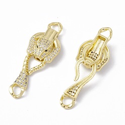 Real 18K Gold Plated Rack Plating Brass Micro Pave Clear & Black Cubic Zirconia S-Hook Clasps, Long-Lasting Plated, Cadmium Free & Lead Free, Leopard, Real 18K Gold Plated, 47.5mm, Hole: 4mm, Leopard: 23.5x16x8mm, Clasp: 28x11.5x3.5mm