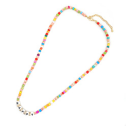 QT-N200006B Bohemian Rainbow Glass Bead Necklace with Letter Charm Pendant for Women