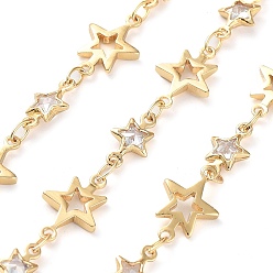 Real 18K Gold Plated Handmade Glass Star Link Chains, with Brass Findings, with Spool, Soldered, Real 18K Gold Plated, Star: 12.5x8x1mm and 10x5.5x2mm, about 16.40 Feet(5m)/Roll