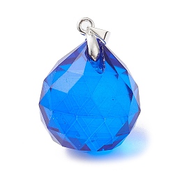 Dodger Blue Faceted Teardrop Transparent Glass Pendant, with Brass Findings, Dodger Blue, 28x20.5mm, Hole: 4x4mm