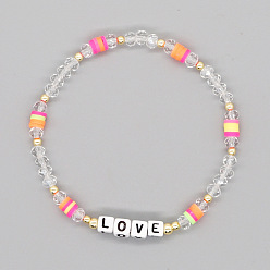 B-B220040A Chic Gemstone Elastic Bracelet with Crystal Beads and LOVE Letter Charm