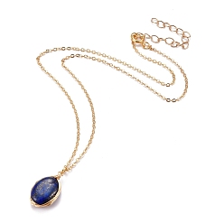 Lapis Lazuli Natural Lapis Lazuli Wire Wrapped Pendant Necklaces, with Brass Cable Chains, Oval, 15.94 inch(40.5cm)