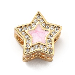 Лавандовый румянец Стойка покрытие латунь с кубическим цирконием европейские бусины и эмаль, звезда, бусины с большим отверстием, долговечный, без свинца и без кадмия, лавандовый румянец, 12x12x8 мм, отверстие : 4.5 мм