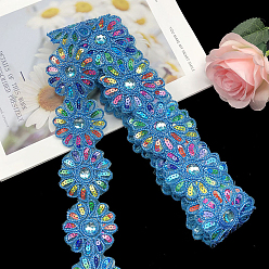 Royal Blue Polyester Lace Trim, with Colorful Paillettes, Flower, Garment Accessories, Royal Blue, 2-3/8 inch(60mm), about 4.5 yards/pc