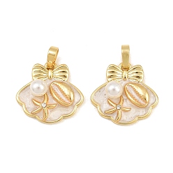 Seashell Color Brass Enamel Pendants, with ABS Plastic Imitation Pearl, Shell Shape with Starfish Charms, Real 18K Gold Plated, Seashell Color, 18.5x19x6mm, Hole: 5x4mm