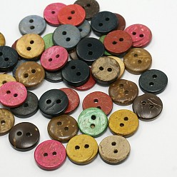 Couleur Mélangete Boutons de noix de coco plats et ronds, 2 boutons à coudre -hole, couleur mixte, 12.5~13x2mm, Trou: 2mm