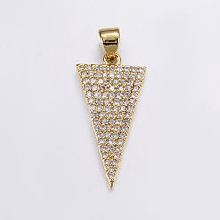 Real 18K Gold Plated Brass Micro Pave Cubic Zirconia Pendants, Long-Lasting Plated, Real 18K Gold Plated, Triangle, 24.5x12x1.5mm, Hole: 3mm