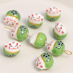 Lawn Green Handmade Porcelain Beads, Maneki Neko Cat, Lawn Green, 13x14mm