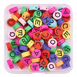 Mixed Color 100Pcs Handmade Polymer Clay Beads, Flat Round with Letter, Mixed Color, 10x5mm, Hole: 1.4mm