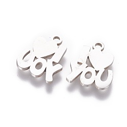Stainless Steel Color 201 Stainless Steel Charms, Phrase I Love You, Stainless Steel Color, 14x12x1.2mm, Hole: 1.5mm