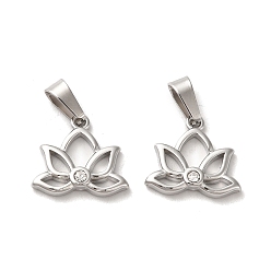 Stainless Steel Color 304 Stainless Steel Charms, with Crystal Rhinestone and 201 Stainless Steel Snap On Bails, Lotus Charm, Stainless Steel Color, 12x14x3mm, Hole: 3x6mm