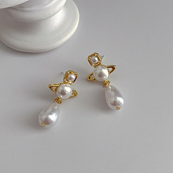 Golden pearl s925 silver needle Design Sense Water Drop West Saturn Pearl Earring Fashion Personality Temperament Simple Versatile Stud Earrings