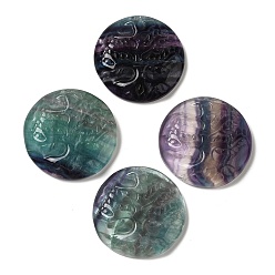 Fluorite Natural Fluorite Pendants, Flat Round Charms with Engraved Tree of Life, 35~37x7.5~9.5mm, Hole: 1.5mm