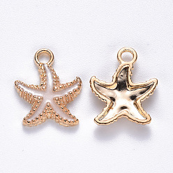 White Alloy Enamel Pendants, Starfish, Light Gold, White, 18x15x3mm, Hole: 2.5mm