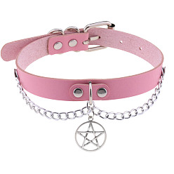 Pink Stylish Star Pendant Collarbone Necklace with Leather Chain for Women