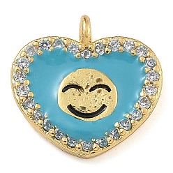 Темно-бирюзовый Стойка покрытие латунь микропаве прозрачный кубический цирконий с эмалевыми подвесками, долговечный, без свинца и без кадмия, реальный 18 k позолоченный, сердце с рисунком улыбающегося лица, темные бирюзовый, 12x11.5x2 мм, отверстие : 1.2 мм