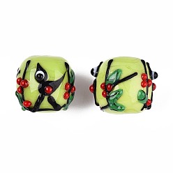 Зелено-Желтый Ручной работы ухабистым Шарики Lampwork, бочка, ветка и глаз, зеленый желтый, 16~17.5x16.5~20.5 мм, отверстие : 1.8~3.8 мм