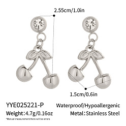 Настоящее золото 18K 304 серьги-гвоздики с подвесками в виде вишен из нержавеющей стали, с четким кубического циркония, реальный 18 k позолоченный, 25.5x15 мм