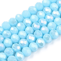 Light Sky Blue Electroplate Glass Beads Strands, Opaque Solid Color, AB Color Plated, Faceted, Rondelle, Light Sky Blue, 10x8mm, Hole: 1mm, about 65~66pcs/strand, 20.8~21.2 inch(53~54cm)