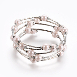 Pink Fashion Wrap Bracelets, Glass Pearl Bracelets with Tube Beads, Pink, Bracelet: about 60mm inner diameter, Sold per 40 Bracelets