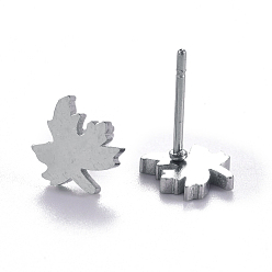 Stainless Steel Color Autumn Theme Unisex 304 Stainless Steel Stud Earrings, Maple Leaf, Stainless Steel Color, 8.5x7.5mm, Pin: 1mm