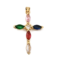 Разноцветный Латунные микро проложить кубического циркония подвески, крестик, без свинца и без кадмия, долговечный, реальный 18 k позолоченный, стойки покрытие, красочный, 37x25x4 мм, отверстие : 4x3.5 мм
