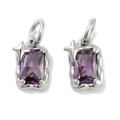 Фиолетовый Латунные микро проложить кубического циркония прелести, с целью перехода в кольце, прямоугольник со звездой, платина, фиолетовые, 9.5x6x3 мм, отверстие : 3 мм