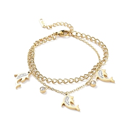 Golden Ion Plating(IP) 304 Stainless Steel Chains Double Layer Multi-strand Bracelet, with Rhinestone Dolphin Charms, Golden, 6-3/4 inch(17.3cm)