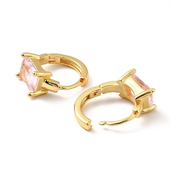 Pink Rectangle Cubic Zirconia Hoop Earrings, Real 18K Gold Plated Brass Jewelry for Women, Lead Free & Cadmium Free & Nickel Free, Pink, 11.5x14x6mm, Pin: 0.7mm