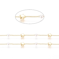 Real 18K Gold Plated Brass Handmade Beaded Chain, Curb Chains, with CCB Plastic Imitation Pearl Bead, Long-Lasting Plated, Soldered, with Spool, Star, Real 18K Gold Plated, 2x1x0.8mm, Bead: 4mm, Star: 5.5x6.5x3mm, about 32.8 Feet(10m)/roll
