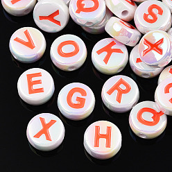 Coral UV Plating Enamel Acrylic Beads, Iridescent, Mixed Letter, Flat Round, Coral, 15x7mm, Hole: 2.2mm