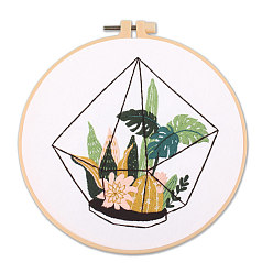 Leaf DIY Embroidery Kits, Including Printed Cotton Fabric, Embroidery Thread & Needles, Imitation Bamboo Embroidery Hoop, Leaf Pattern, Hoop: 20x20cm