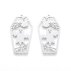 Stainless Steel Color Halloween 201 Stainless Steel Pendants, Laser Cut, Coffin with Ghost, Stainless Steel Color, 45x24x1mm, Hole: 1.5mm