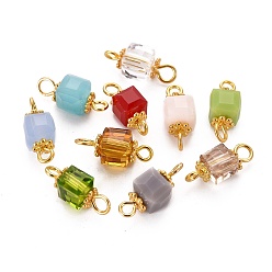 Mixed Color Faceted Cube Transparent Glass Links Connectors, with Golden Plated Alloy and Brass Findings, Mixed Color, 14.5x6x6mm, Hole: 1.6~2.2mm