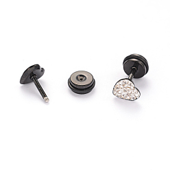 Gunmetal 304 Stainless Steel Heart Earlobe Plugs, Screw Back Earrings, with Polymer Clay Rhinestone, Gunmetal, 7x7mm, Pin: 1mm
