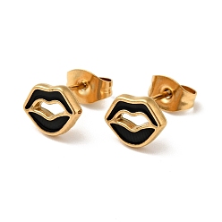 Black Enamel Lip Stud Earrings with 316 Surgical Stainless Steel Pins, Gold Plated 304 Stainless Steel Jewelry for Women, Black, 7x8.5mm, Pin: 0.8mm