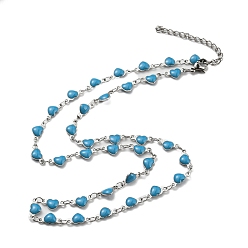 Sky Blue 304 Stainless Steel Heart Link Chain Necklaces, with Enamel, Sky Blue, 17.72~17.91 inch(45~45.5cm)
