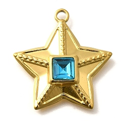 Синий Циркон 304 подвески из нержавеющей стали, со стразами, реальный 18 k позолоченный, ионное покрытие (ip), звезда, синий циркон, 26x24.5x6 мм, отверстие : 2 мм