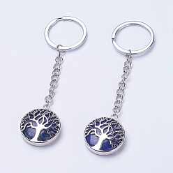 Lapis Lazuli Natural Lapis Lazuli Keychain, with Iron Key Rings, Iron Chain and Brass Finding, Flat Round with Tree of Life, 100~120mm, Pendant: 31x27x7mm