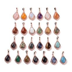 Mixed Stone Natural & Synthetic Mixed Gemstone Pendants, Teardrop Charms, with Rose Gold Tone Rack Plating Brass Findings, 32x19x10mm, Hole: 8x5mm