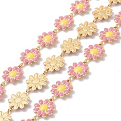 Flamingo 304 Stainless Steel Daisy Flower Link Chains with Enamel, Unwelded, Golden, Flamingo, 14x10x1mm