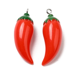 Red Opaque Resin Imitation Vegetables Pendants, Pepper Charms with Platinum Tone Iron Loops, Red, 39x16x13mm, Hole: 2mm