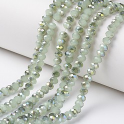 Yellow Green Electroplate Glass Beads Strands, Imitation Jade Beads, Pearl Luster Plated, Half Green Plated, Faceted, Rondelle, Yellow Green, 6x5mm, Hole: 1mm, about 92~94pcs/strand, 17~17.5 inch(42.5~43.75cm)