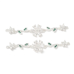Прозрачный Шармы-соединители из латуни с паве из кубического циркония, цветок ссылки, для изготовления аксессуаров для волос, серебряный цвет гальваническим, прозрачные, 60x12x3 мм, отверстие : 0.8 мм