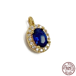 Real 18K Gold Plated 925 Sterling Silver Pendants, with Dark Blue Cubic Zirconia, Oval Charm, Real 18K Gold Plated, 11.7x7x4mm, Hole: 1.6mm