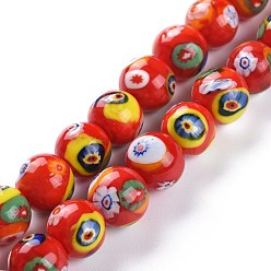 Red Handmade Lampwork Beads Strands, Round with Flower Pattern, Red, 12mm, Hole: 1.8mm, about 33pcs/Strand, 14.76''(37.5cm)