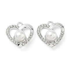 Платина Подвески из сплава и страза, сердце прелести, uv покрытие, с абс пластмассовой имитационной жемчужиной, платина, 18x17.5x9 мм, отверстие : 2 мм