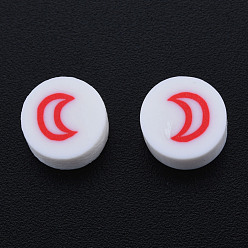 Red Handmade Polymer Clay Beads, Flat Round with Moon, Red, 9~9.5x4~5mm, Hole: 1.6mm