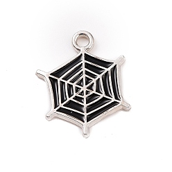 Black Alloy Enamel Pendants, Platinum, Spider Web Charm, Black, 20x16x1mm, Hole: 2mm